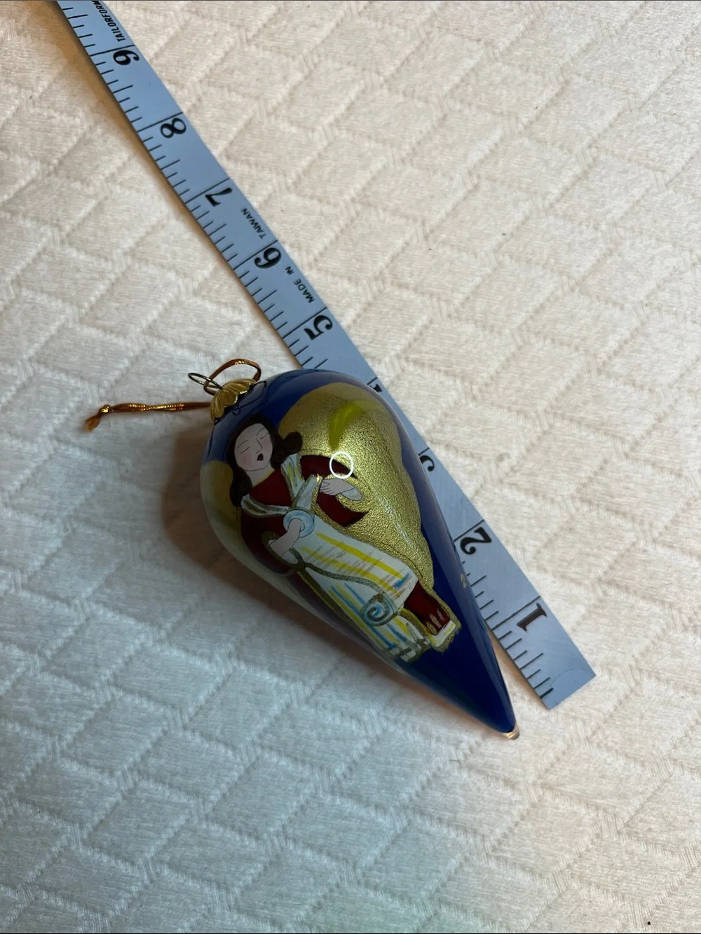 Pier 1 Christmas Angel Blue and Gold Hand-Painted Teardrop Holiday Ornament